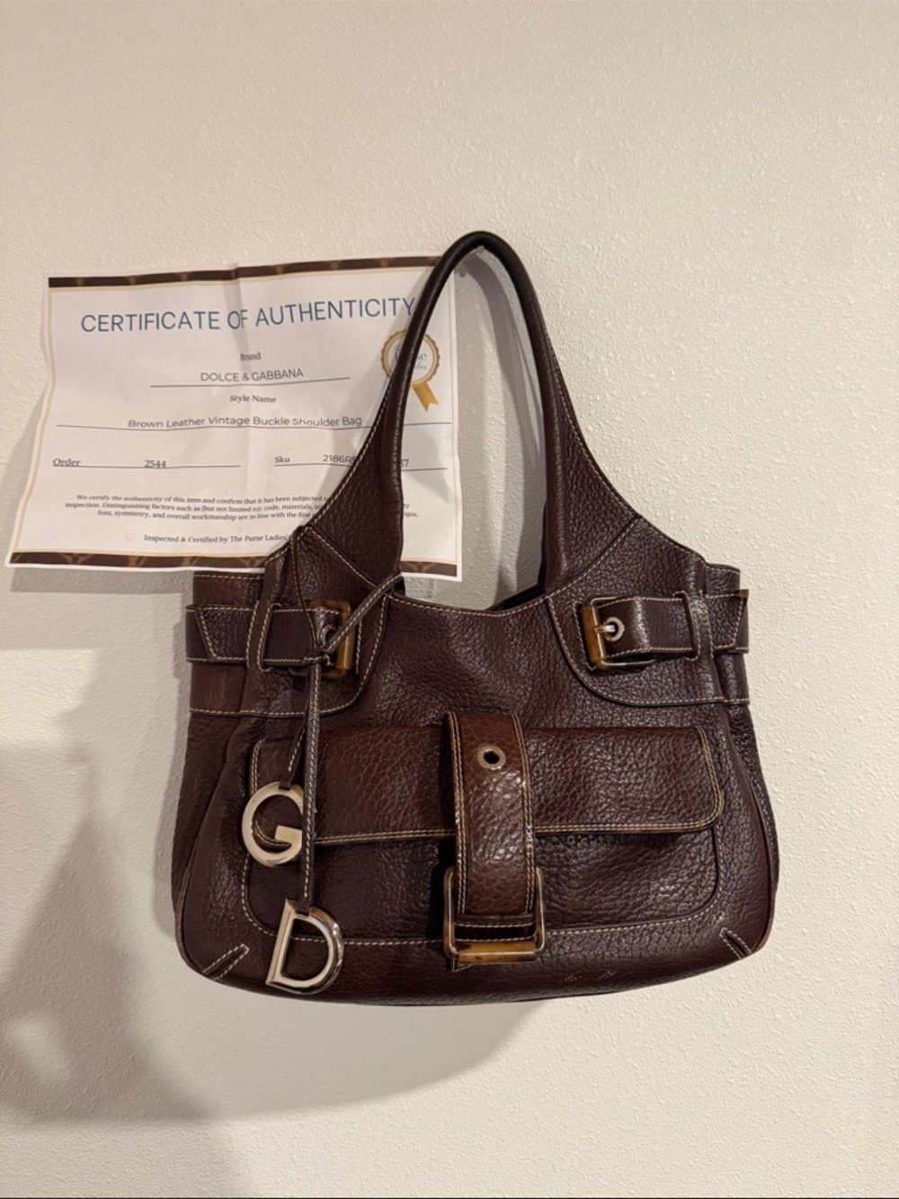 Dolce & Gabbana Dark Brown Pebbled Leather Shoulder Bag with Buckle Accents